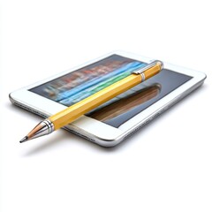 Digital Tablet with Colorful Screen and Golden Stylus Pen on a White Surface