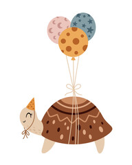 Cute turtle clipart, isolated Birthday character. Festive hand drawn vector illustration in flat style for greeting card, invitation, education, prints	