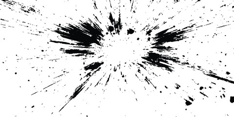 Abstract explosion, radial burst of ink splatter effect. Dynamic manga motion effects with comic-style speed lines, action graphics, and explosive bursts on a clean white backdrop.