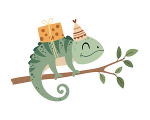 Cute chameleon clipart, isolated Birthday character. Tropical, savanna animal hand drawn vector illustration in flat style for greeting card, invitation, education, prints