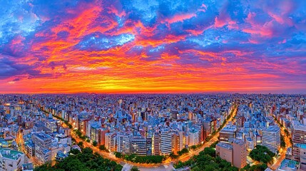 Fiery Sunset over Cityscape  Vibrant Orange and Purple Hues