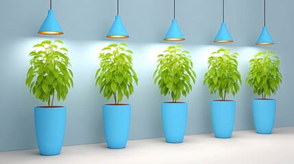 Five Potted Plants Under Pendant Lights Against Light Blue Wall