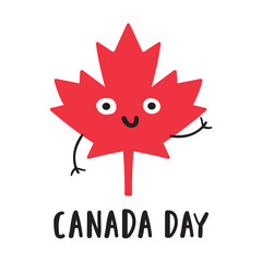 Cute character. Maple leaf. Canada day. Flat illustration. Vector design on white background.