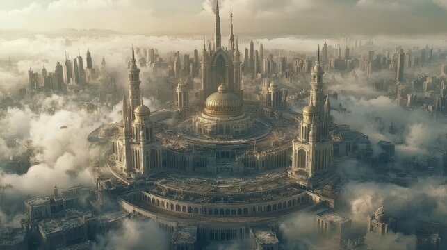 Futuristic metropolis cityscape shrouded by clouds a majestic vi
