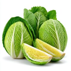 Fresh Green Cabbage with Pale Yellow Interior on White Background