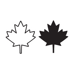 Maple leaf. Outline and silhouette designs. Vector illustration. Isolated icons on white background.