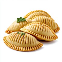 Golden Brown Baked Pastries with Herb Garnish on White Background