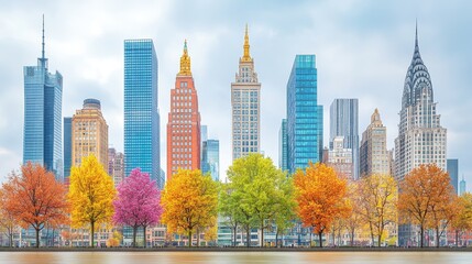 Obraz premium Autumnal Cityscape Painting Colorful Foliage Framing Iconic Skyl