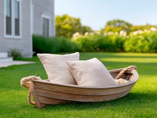 Wooden boat-shaped seating with soft pillows placed on lush green lawn, surrounded by vibrant garden foliage, creating a serene outdoor relaxation space for leisure and comfort