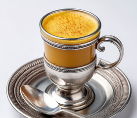 Golden Turmeric Latte in Silver Cup with Spice Garnish