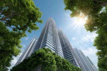 Obraz premium Skyscraper Reaching Blue Sky Tall Building Architecture
