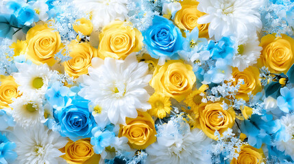 青や黄色の色とりどりの花が敷き詰められた華やかなフラワーウォール