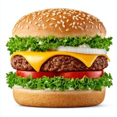 Juicy Cheeseburger with Crisp Lettuce and Tomato on Sesame Bun