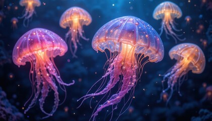 Ethereal Glow Vibrant Jellyfish in a Dark Ocean