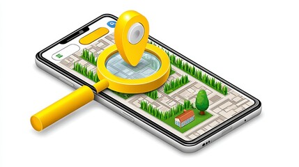 Isometric View of Map on Phone with House Tree Markers and Magnifying Glass