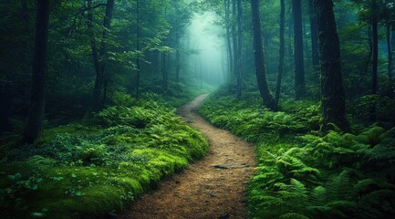 Mystical forest path winding through lush greenery