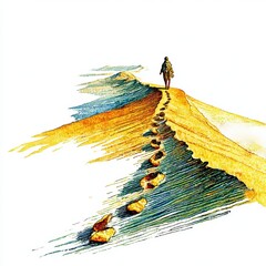 Lone Figure Walking on a Sand Dune, Yellow and Orange Hues