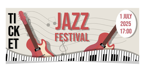 Jazz Festival Ticket Template Musical Instruments Piano and Guitar Vector Live Music Poster Banner, Flyer, Invitation, Ticket Retro Style 1 July 2025 Red Beige Blue Notes 17