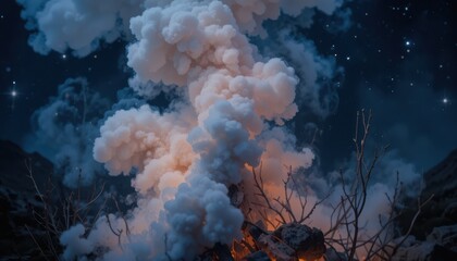 Ethereal Night Sky A Captivating Close-Up of Campfire Smoke Rising Against a Starry Backdrop