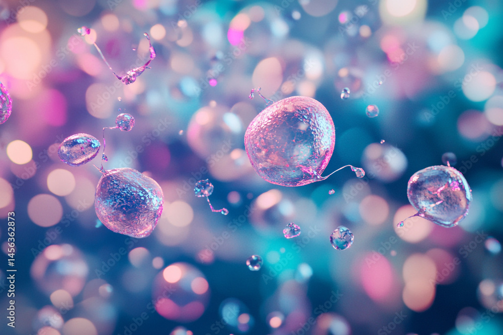 Poster pink and blue translucent spheres float in a bokeh background a vibrant abstract image