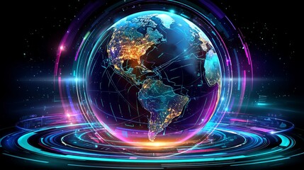 Futuristic digital planet Earth with glowing network connections and data streams representing global technology and communication