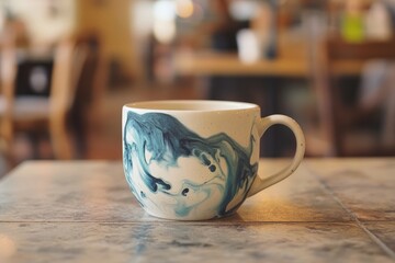 Stylish ceramic mug with abstract swirling design.