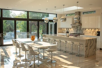 Open kitchen with a sleek contemporary dinner table, white marble, and chrome chairs reflecting the natural light 