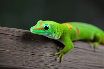 Fototapeta premium Colorful gecko resting on a wooden surface in a tropical setting during daylight hours