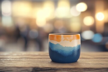 A vibrant painted ceramic mug on a wooden surface.