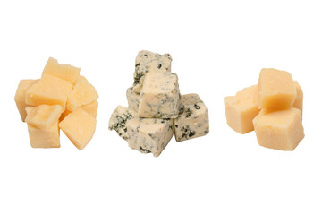 Blue cheese cubes isolated on a white background.