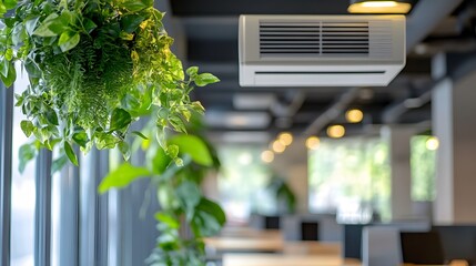 Modern office interior with plants and air conditioning.