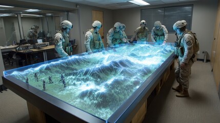 Soldiers interact with a high-tech digital terrain model in a modern military briefing room