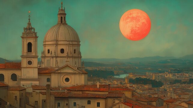 Dreamy cityscape at sunset evokes serenity and timelessness unde