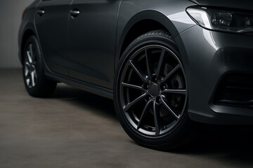 マットブラック調ホイールと車体のクローズアップ構図