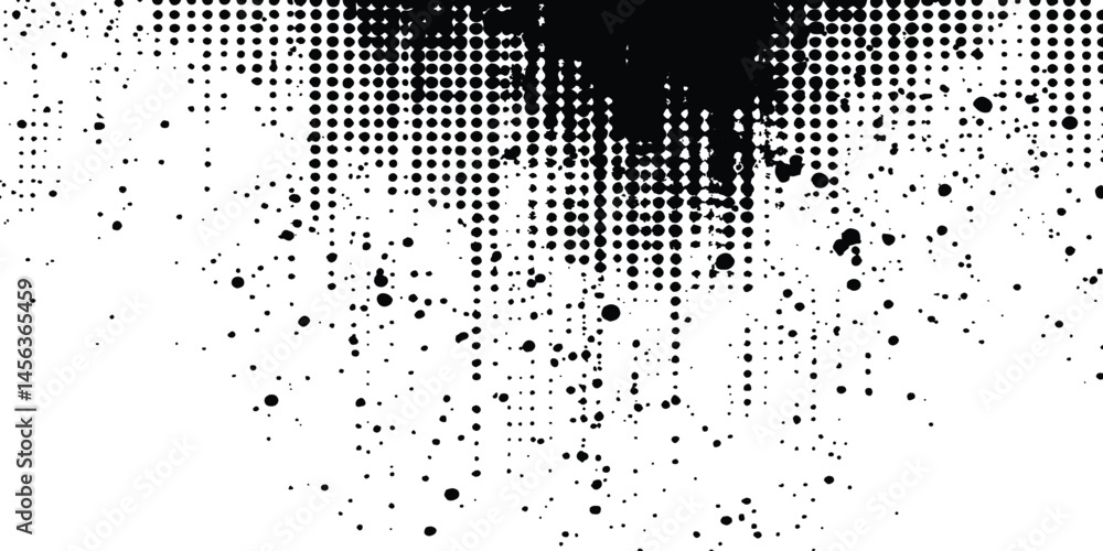 Poster Black and white halftone background with grunge-style circle dots. Black and white halftone grunge distressed dot pattern texture, background for design and creative projects.