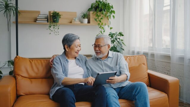 Senior couple using tablet at home; relaxing, social interaction, digital technology
