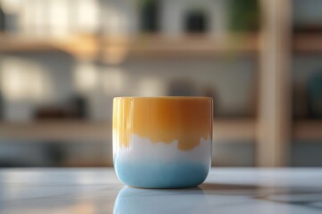 A small, vibrant, ceramic mug with a gradient design.