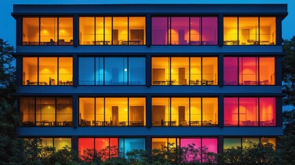 Vibrant illuminated workspaces in a modern office building showc