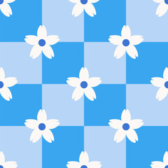 Seamless floral pattern with white flowers on blue checkerboard background. Simple flat checkered vector illustration. Retro tile design for textile, wallpaper, wrapping paper, notebook cover, poster