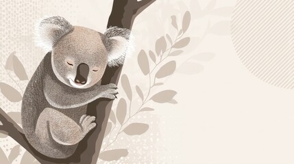 Obraz premium Cute koala resting on a tree branch with soft background patterns and leaves