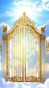 A heavenly scene features golden gates bathed in sunlight, surrounded by fluffy clouds and a clear blue sky