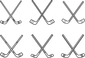 set of two crossed hockey sticks with puck line art, black outline, vector and illustration, coloring book page line art drawing