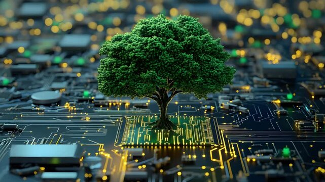Green Technology A Lush Tree Growing from a Computer Chip Symbolizing Sustainable Computing and Eco Friendly Innovation
