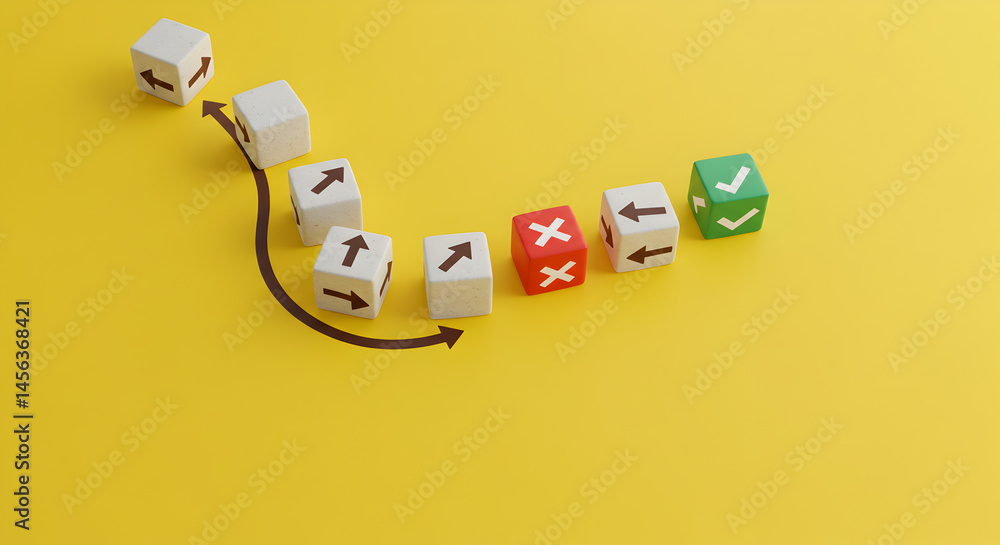 Poster pixel art style strategy blocks with arrows checkmark and cross symbols on yellow background high an