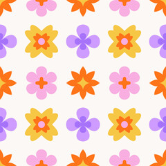 Cheerful seamless floral pattern with bold geometric flowers on white background. Colorful flat vector illustration. Retro summer design for textile, wallpaper, wrapping paper, notebook cover, poster