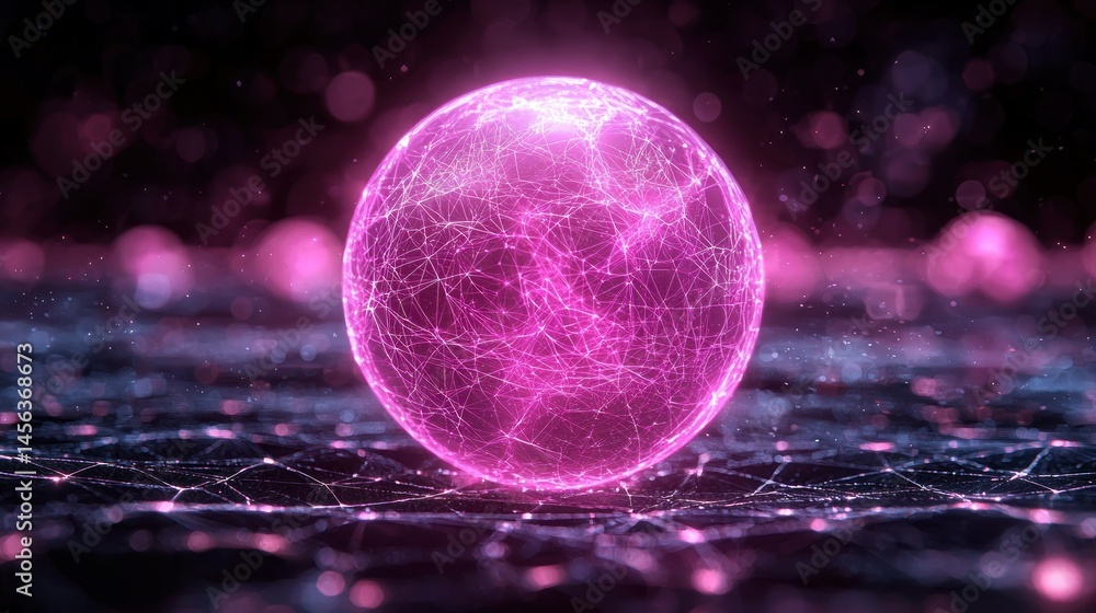 Poster glowing sphere with intricate network on a dotted surface