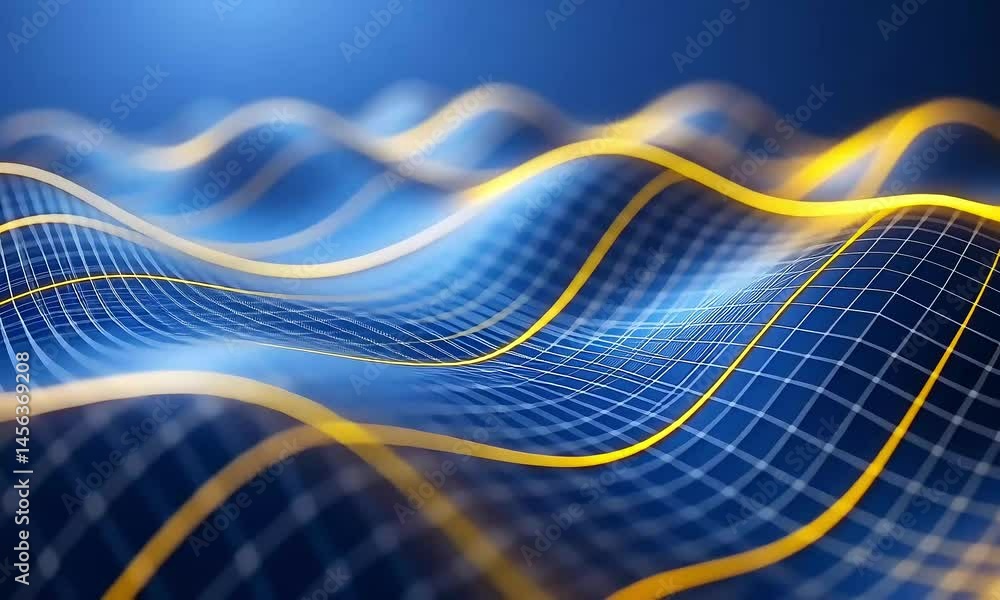Poster abstract blue and gold wave forms background with dynamic motion and texture