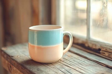 Close-up of a simple, two-toned ceramic mug.
