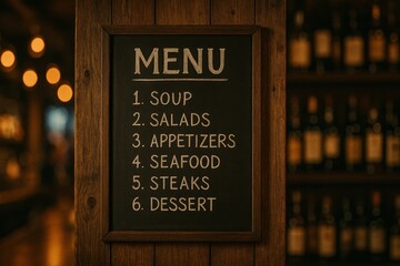 Chalkboard restaurant menu with rustic wooden frame listing food categories in a cozy, warm-lit dining atmosphere