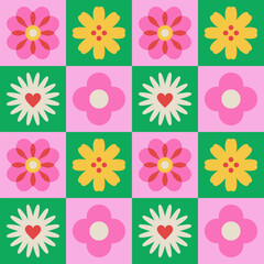 Cheerful seamless floral pattern with bold geometric flowers in checkerboard grid. Colorful flat vector illustration. Retro summer design for textile, wallpaper, wrapping paper, notebook cover, poster